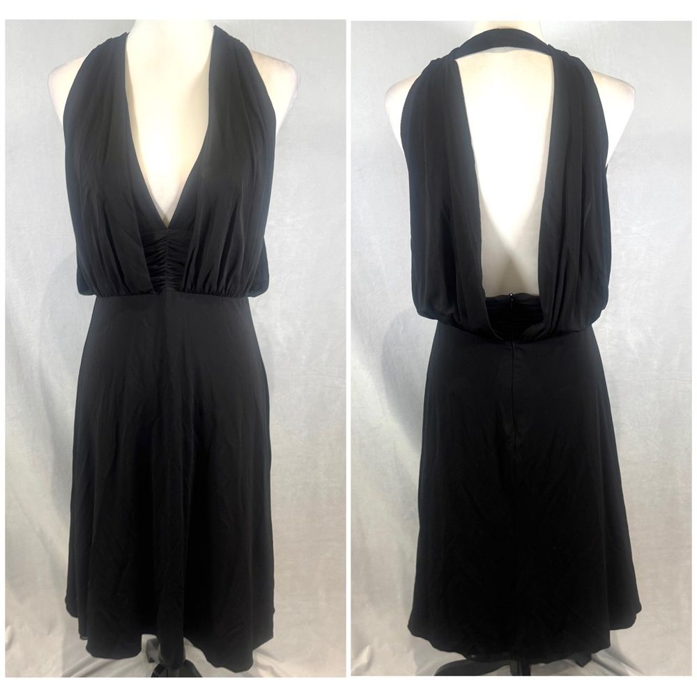 Trina Turk Black Drape Deep Vcut Open Back Flowing Cocktail Dress Size 8